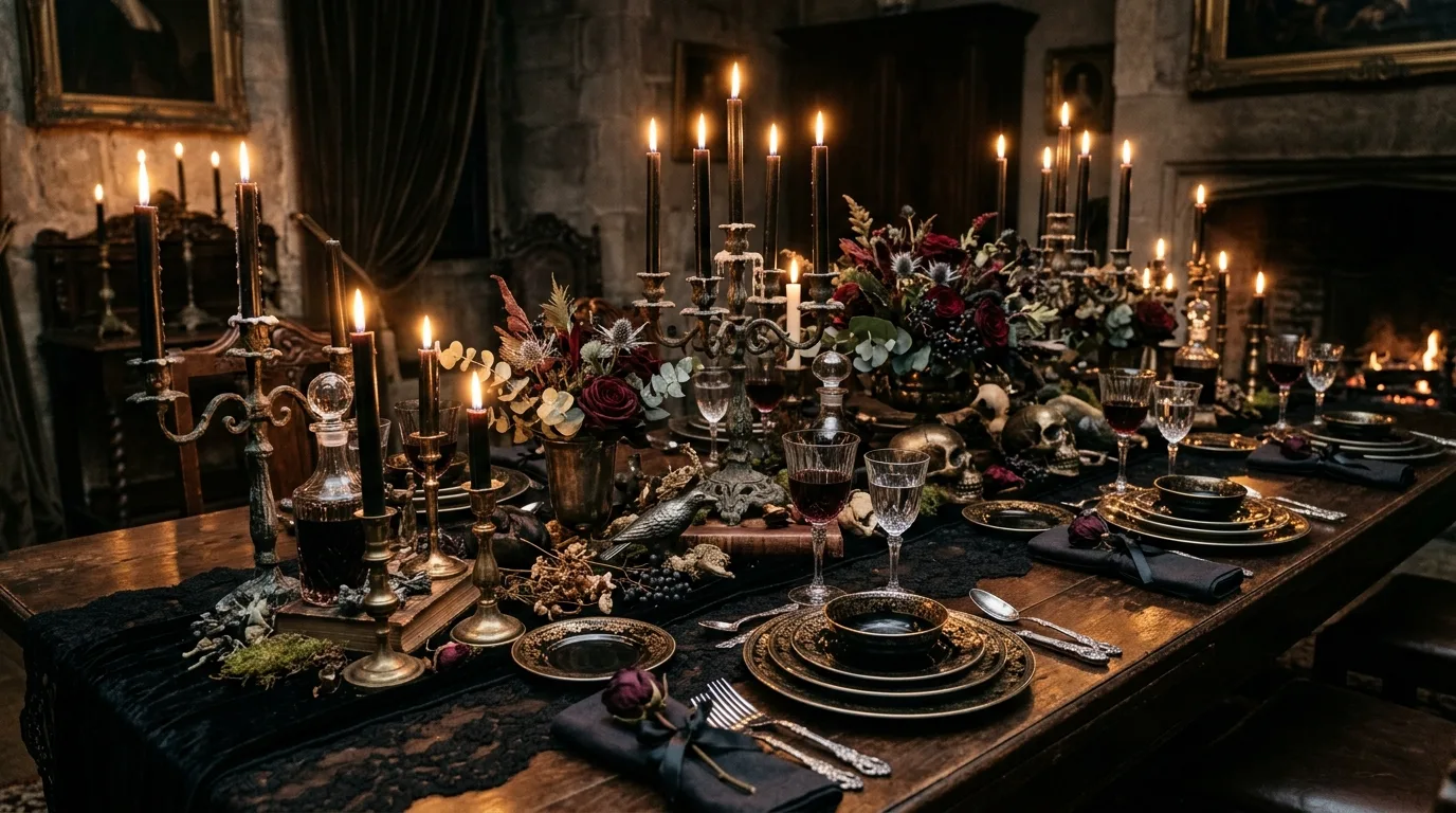 Use glassware to catch and reflect the light inspiration for a Halloween dining table.